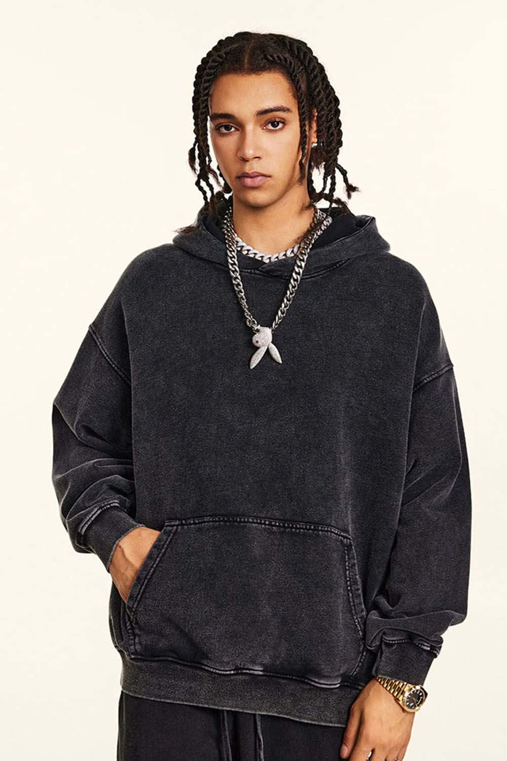 Loose Fit Distressed Wax-Dyed Heavyweight Hoodie