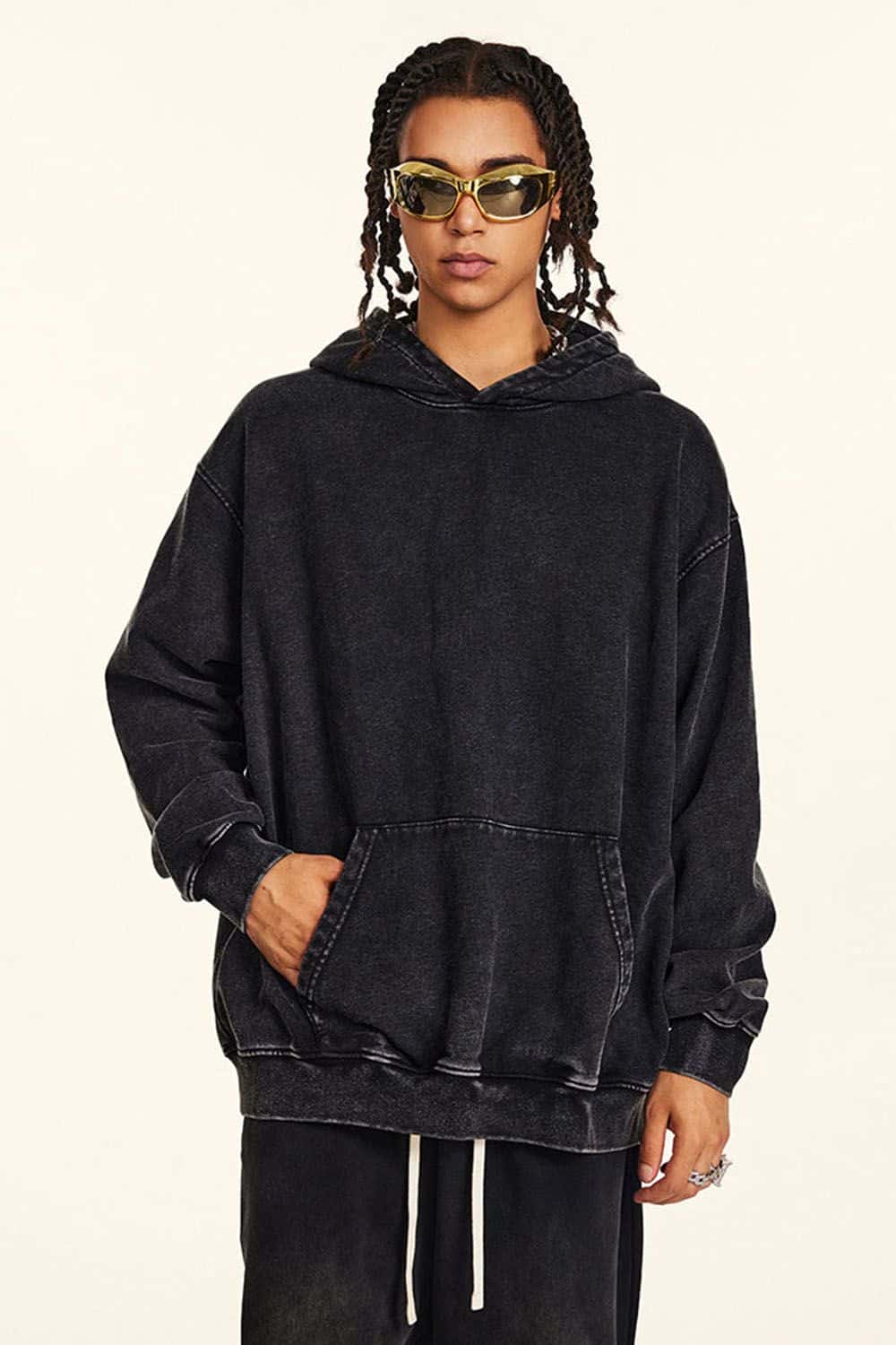 Loose-Fit Solid Color Washed Pullover Hoodie