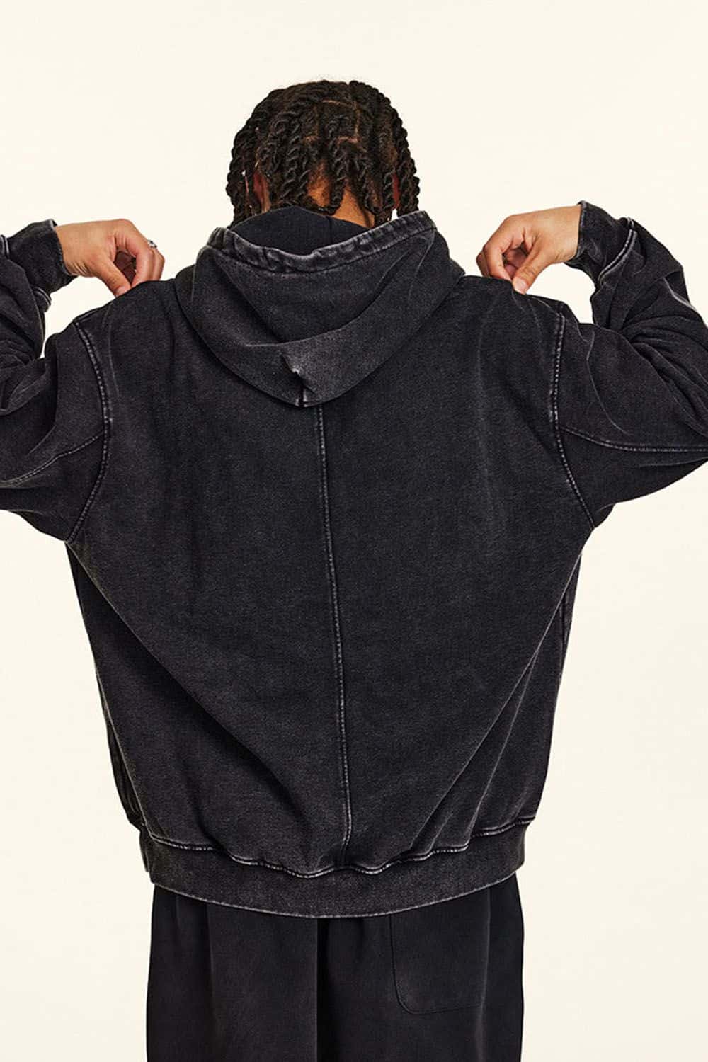 Loose-Fit Solid Color Washed Pullover Hoodie
