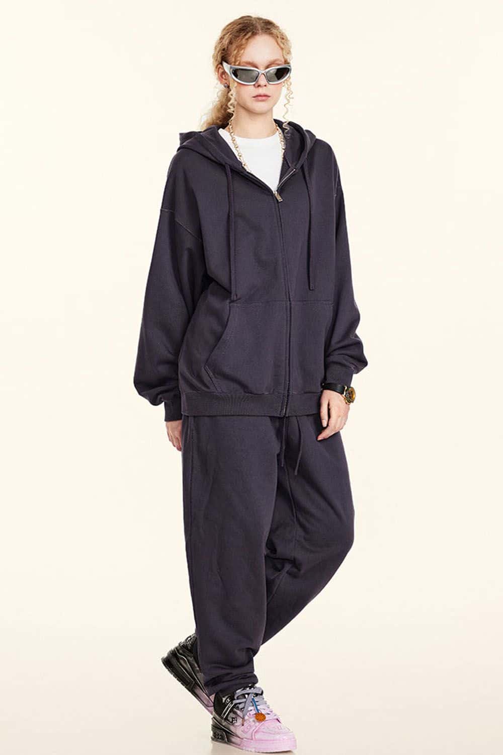 Loose Casual Solid Color Zip-Up Hoodie