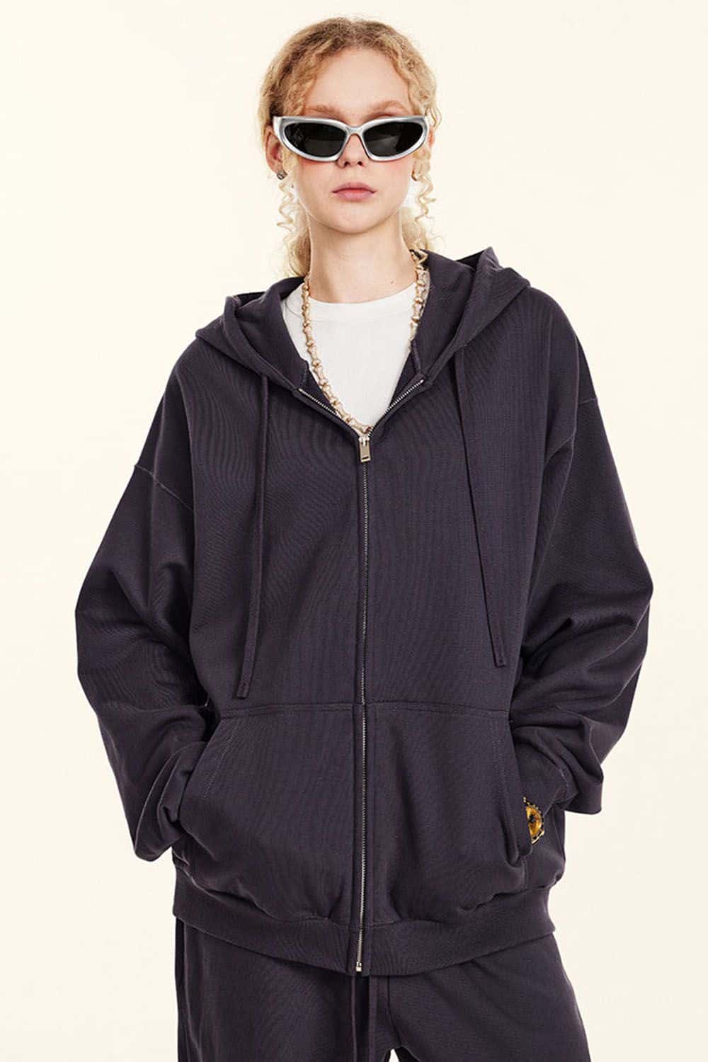 Loose Casual Solid Color Zip-Up Hoodie