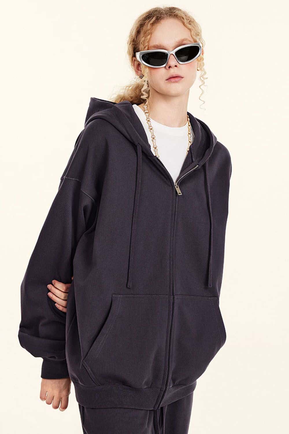 Loose Casual Solid Color Zip-Up Hoodie