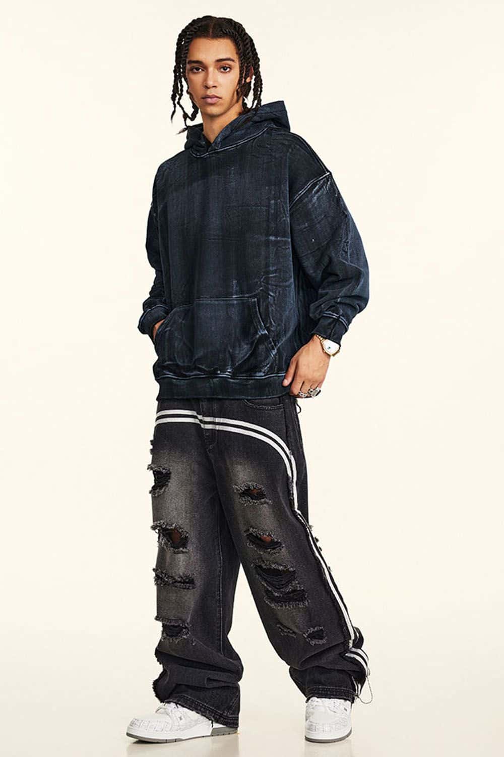 Heavy-Duty Paint-Splattered Fleece Pullover Hoodie