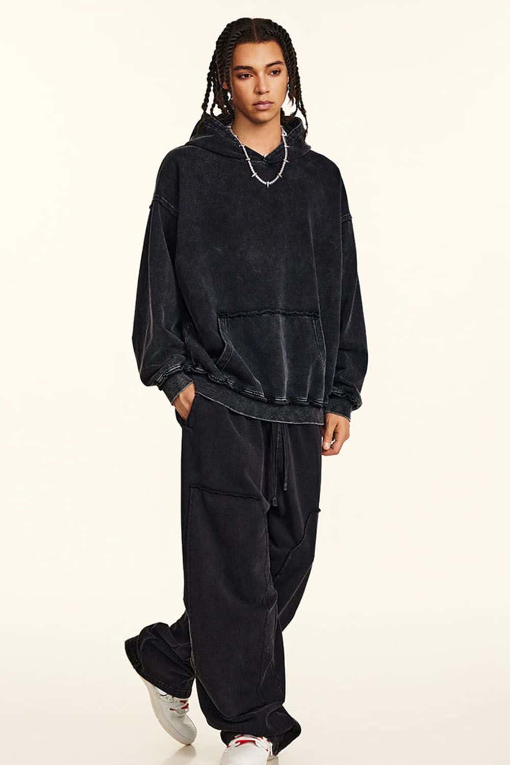 High-Street 410g Hoodie with Distressed Wax Dye and Loose Fit