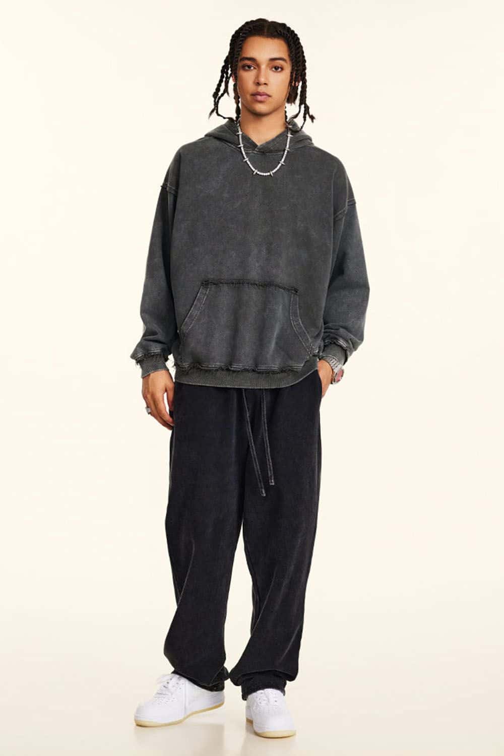 High-Street 410g Hoodie with Distressed Wax Dye and Loose Fit