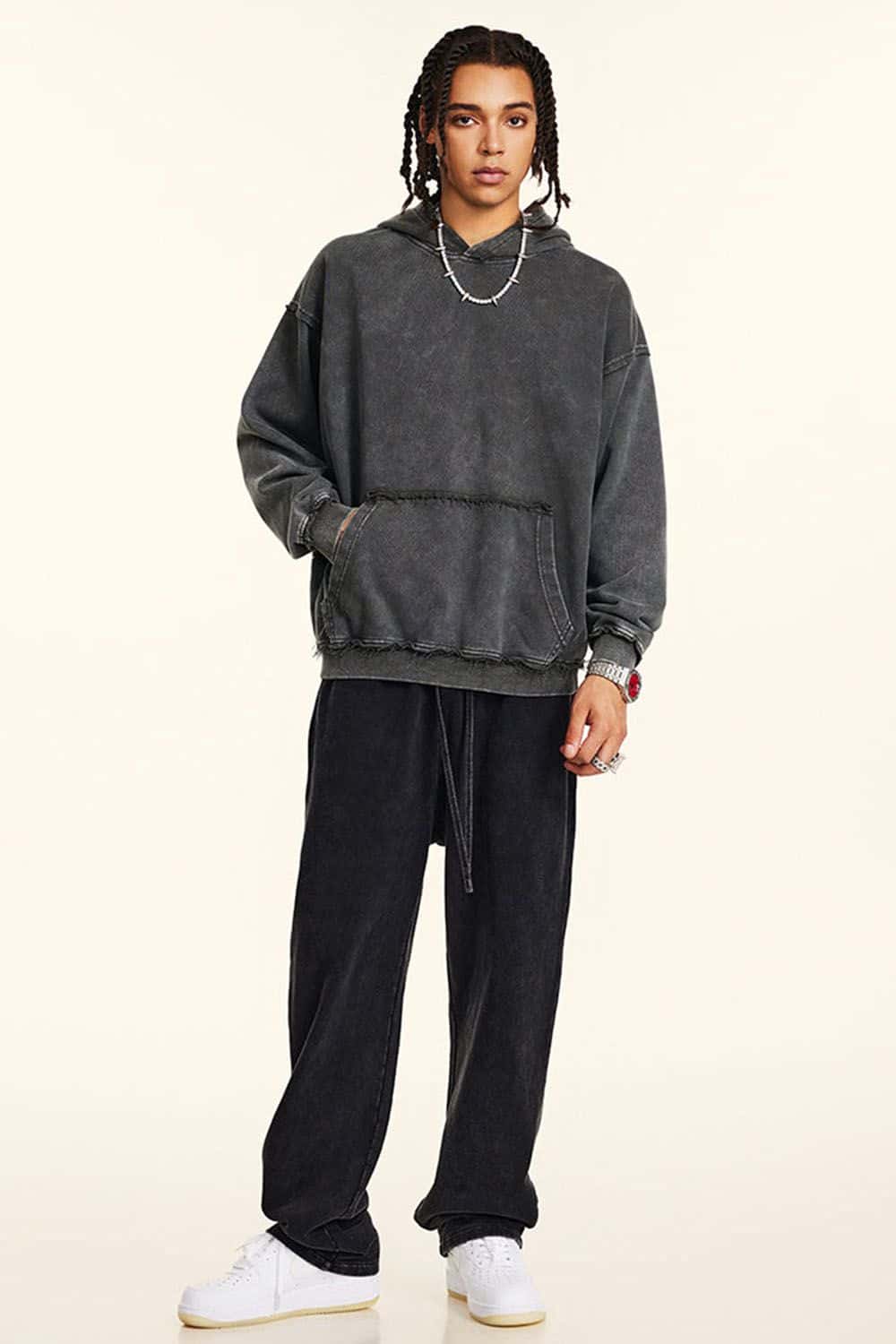 High-Street 410g Hoodie with Distressed Wax Dye and Loose Fit