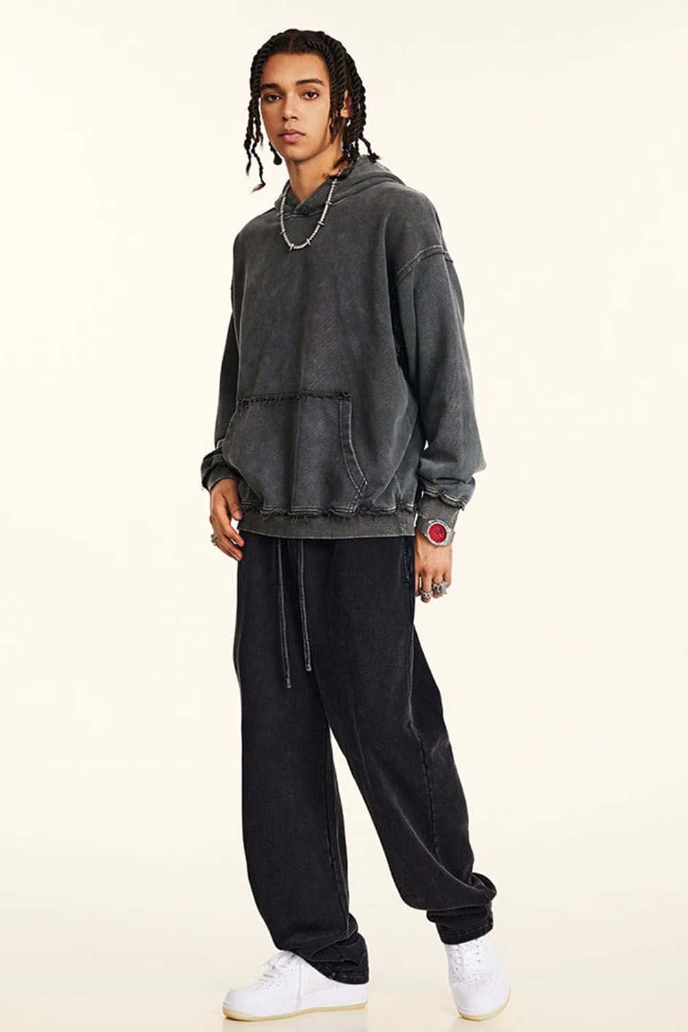 High-Street 410g Hoodie with Distressed Wax Dye and Loose Fit