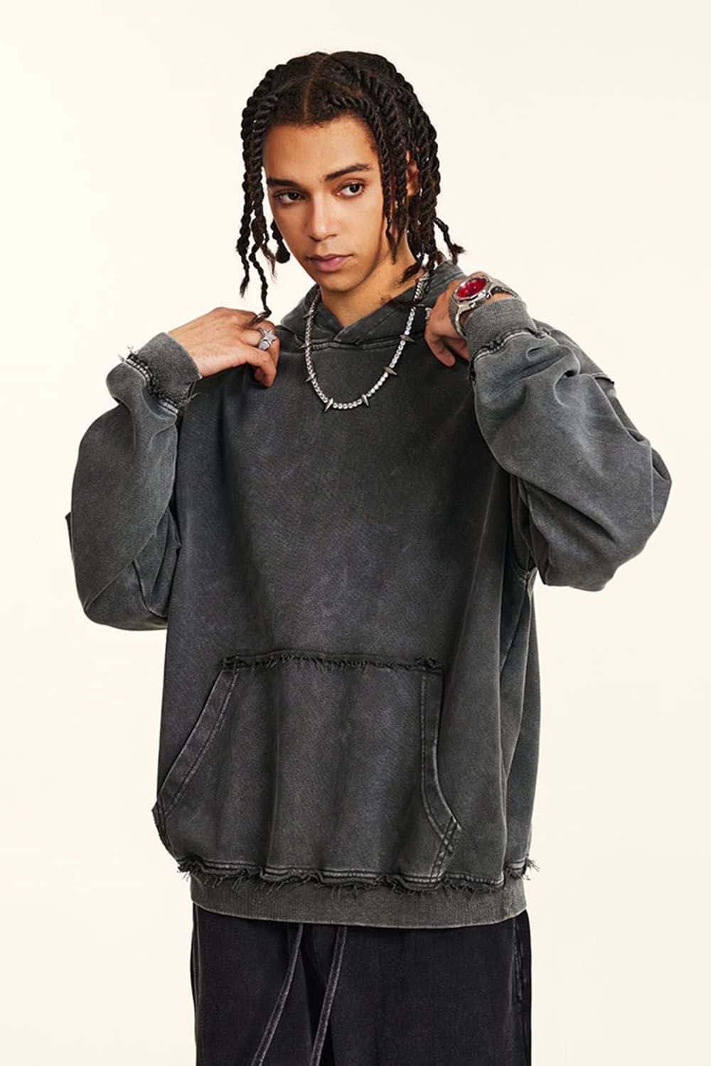 High-Street 410g Hoodie with Distressed Wax Dye and Loose Fit