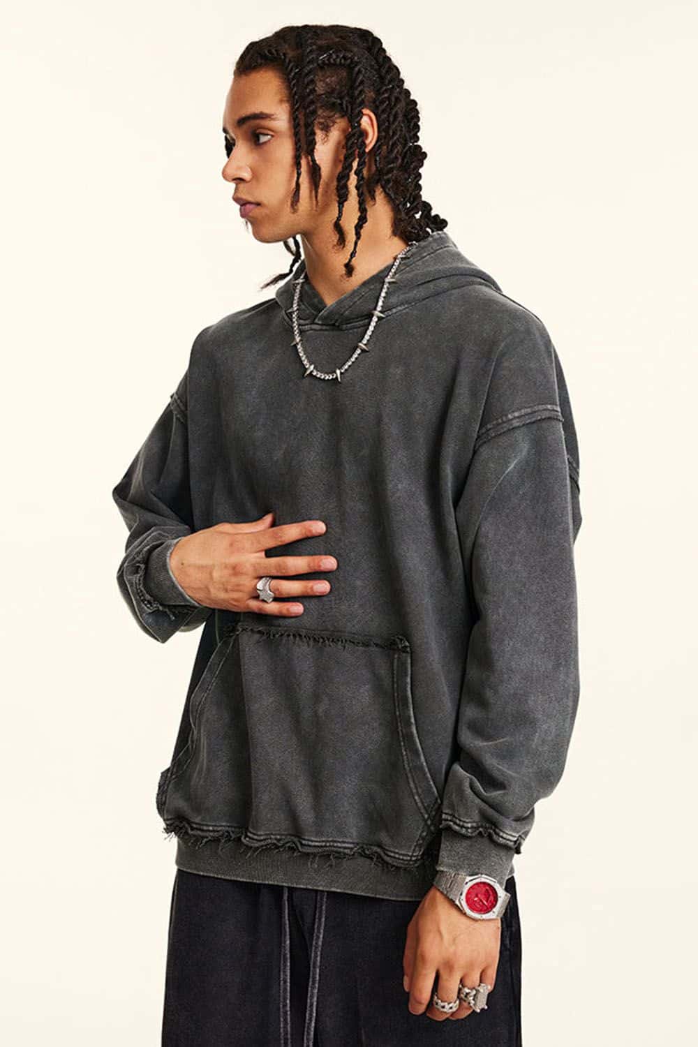 High-Street 410g Hoodie with Distressed Wax Dye and Loose Fit