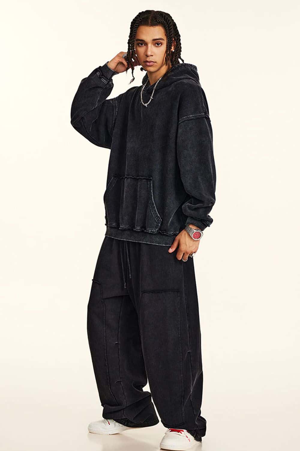 High-Street 410g Hoodie with Distressed Wax Dye and Loose Fit