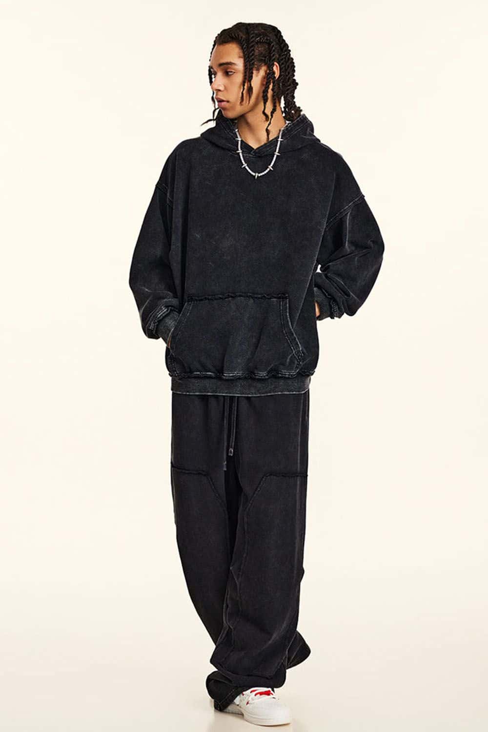 High-Street 410g Hoodie with Distressed Wax Dye and Loose Fit