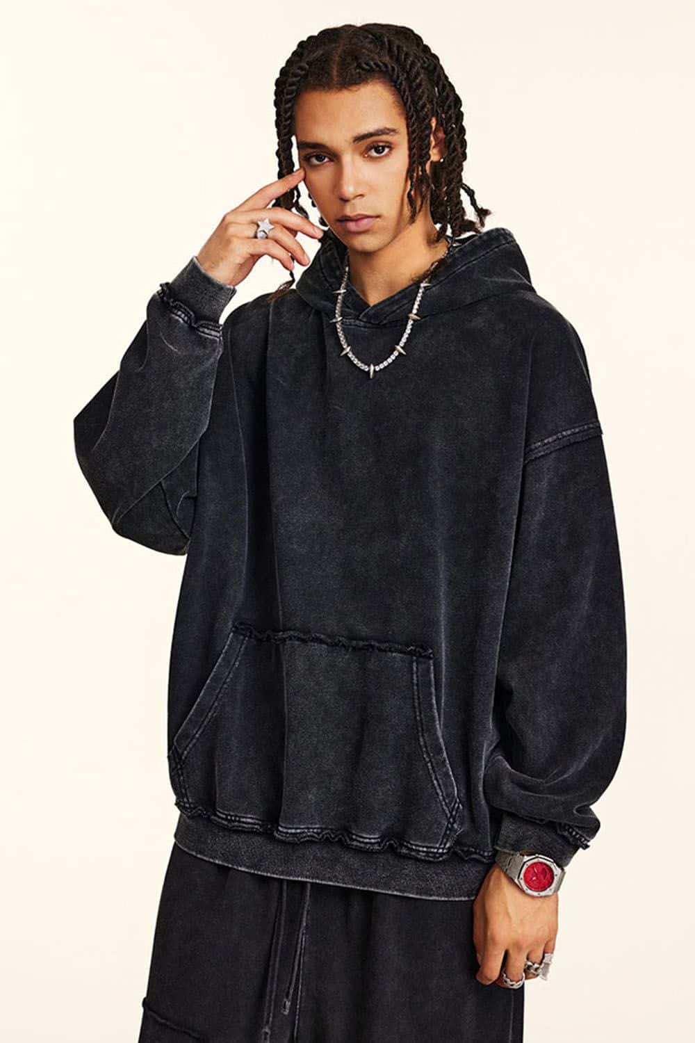 High-Street 410g Hoodie with Distressed Wax Dye and Loose Fit