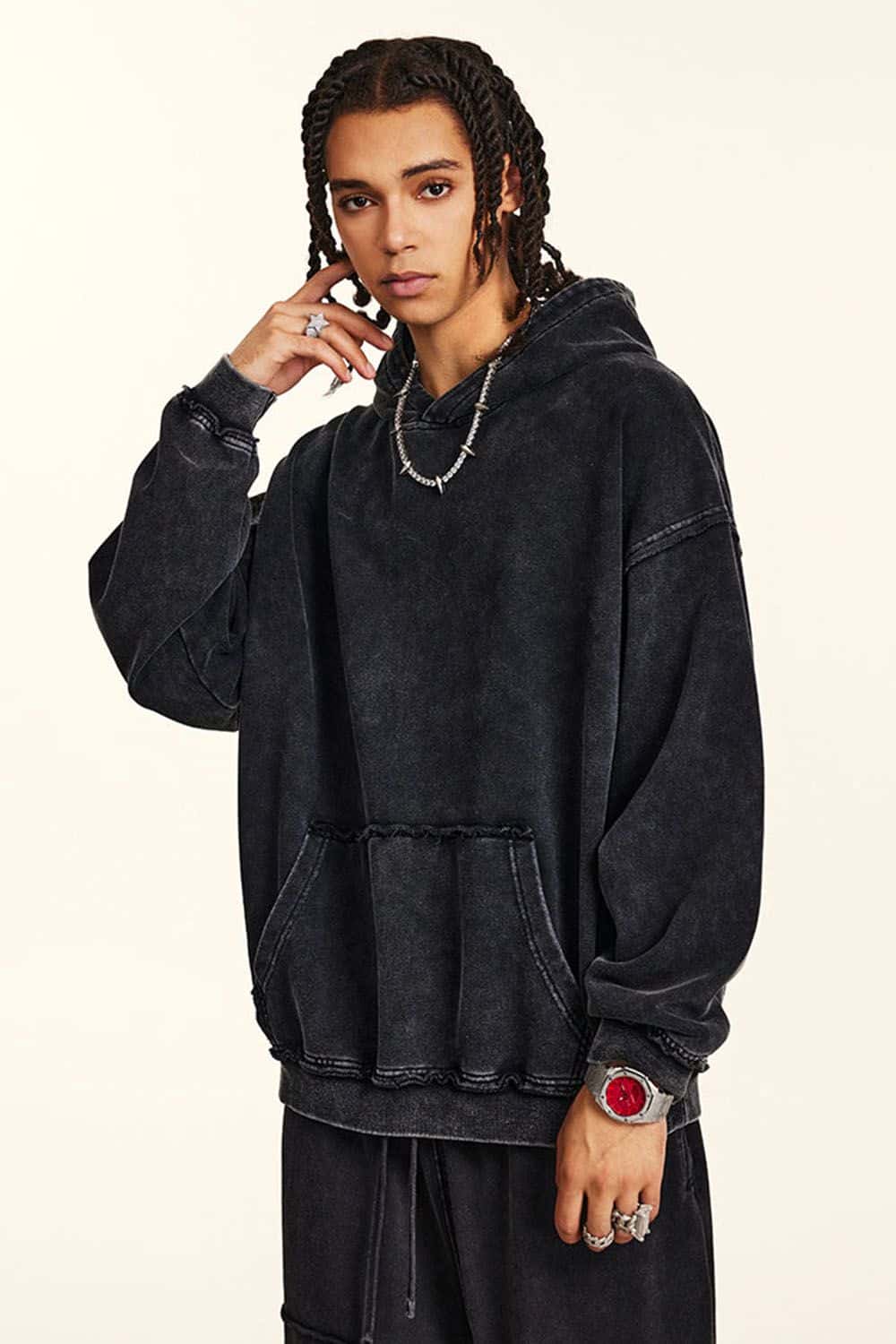 High-Street 410g Hoodie with Distressed Wax Dye and Loose Fit