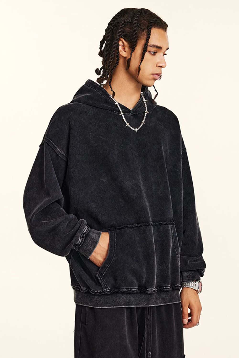 High-Street 410g Hoodie with Distressed Wax Dye and Loose Fit