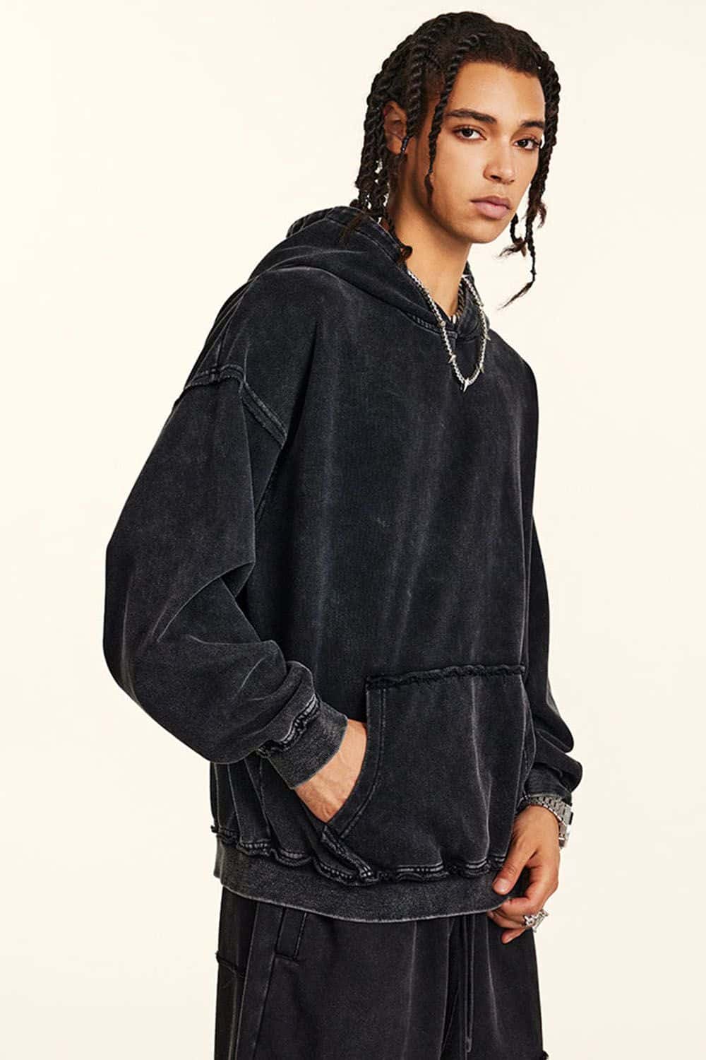 High-Street 410g Hoodie with Distressed Wax Dye and Loose Fit