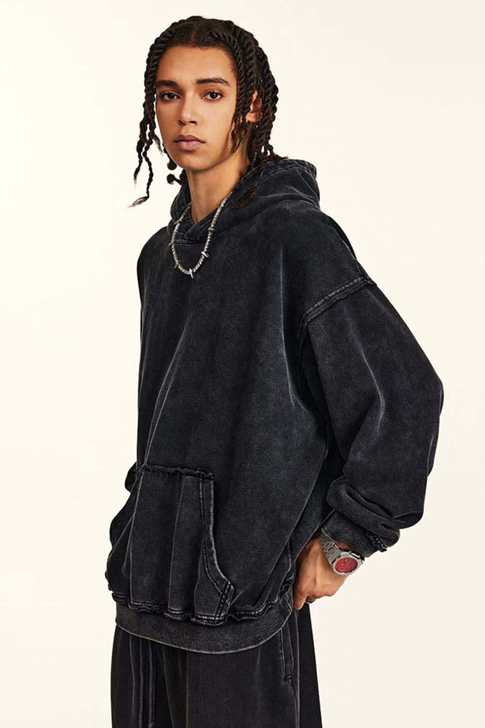 High-Street 410g Hoodie with Distressed Wax Dye and Loose Fit