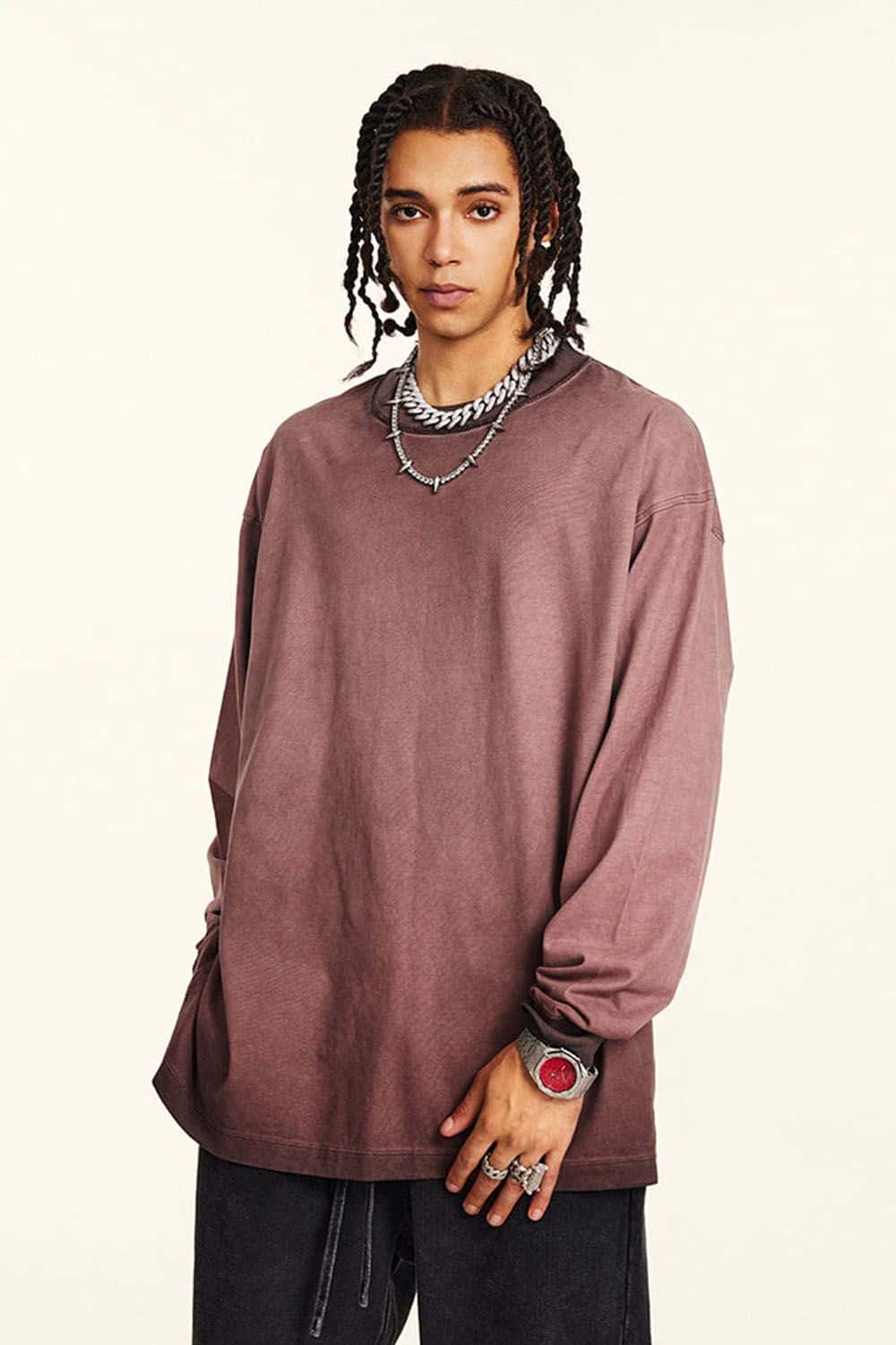High-Street Distressed Long-Sleeve Oversized T-Shirt with Water Wash Finish