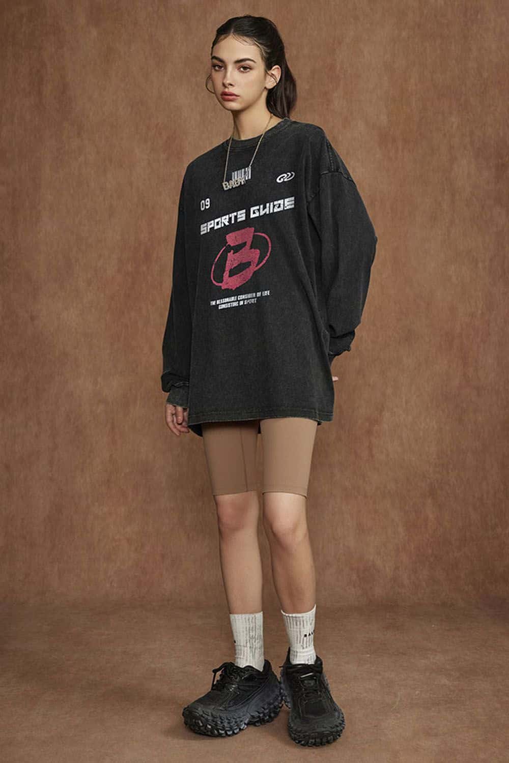 Sports Glaze Graphic Water-Washed Cotton Long-Sleeve T-Shirt