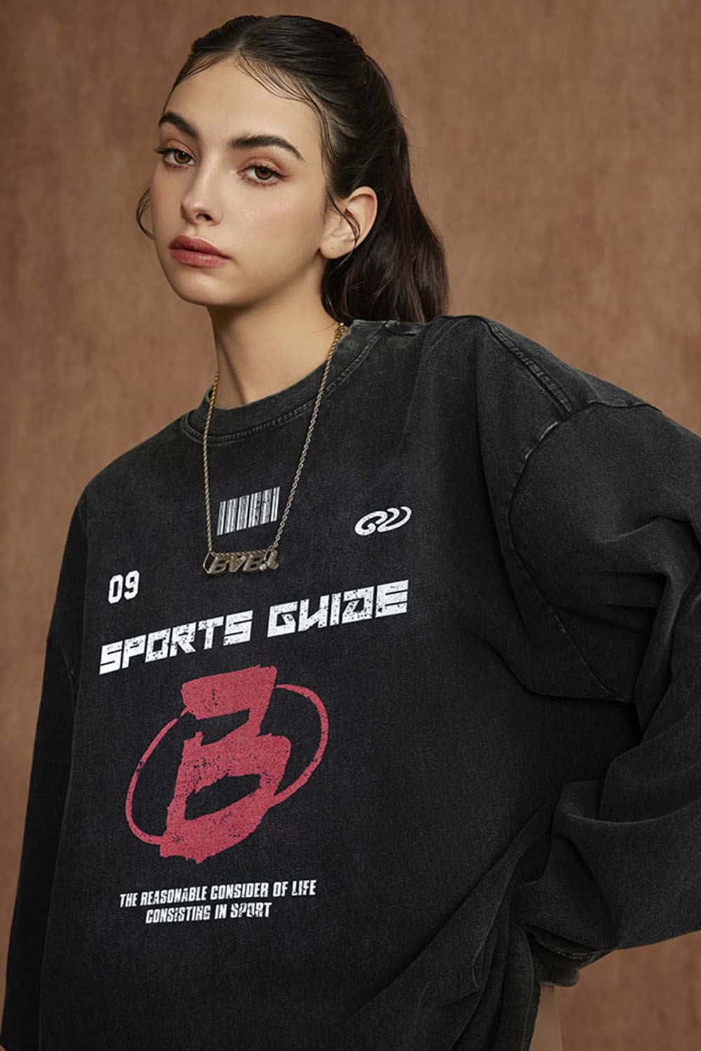 Sports Glaze Graphic Water-Washed Cotton Long-Sleeve T-Shirt