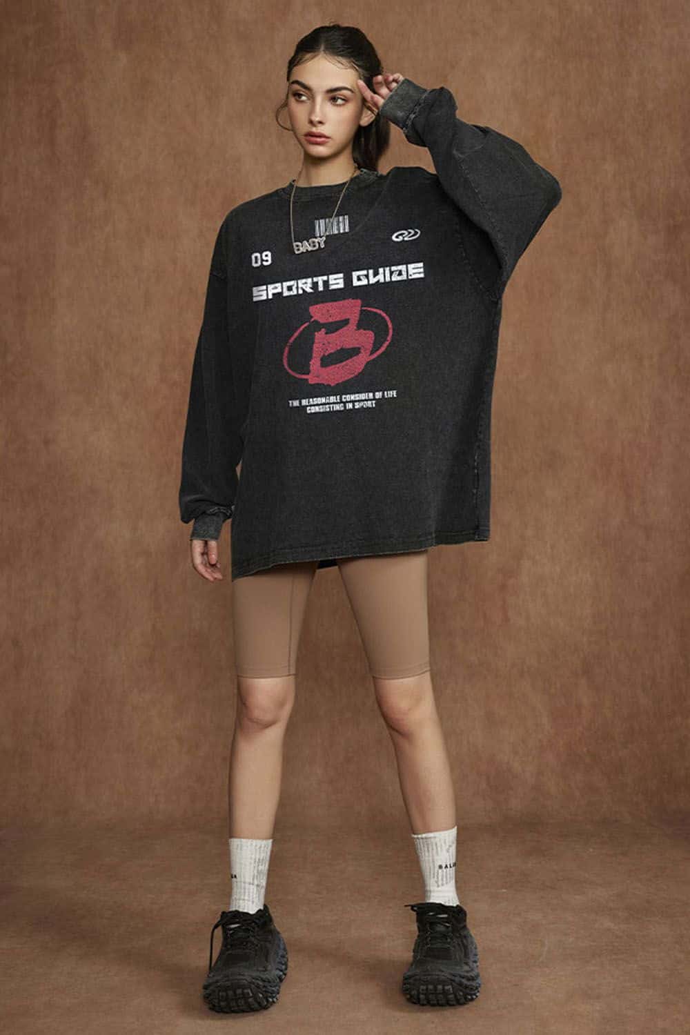 Sports Glaze Graphic Water-Washed Cotton Long-Sleeve T-Shirt