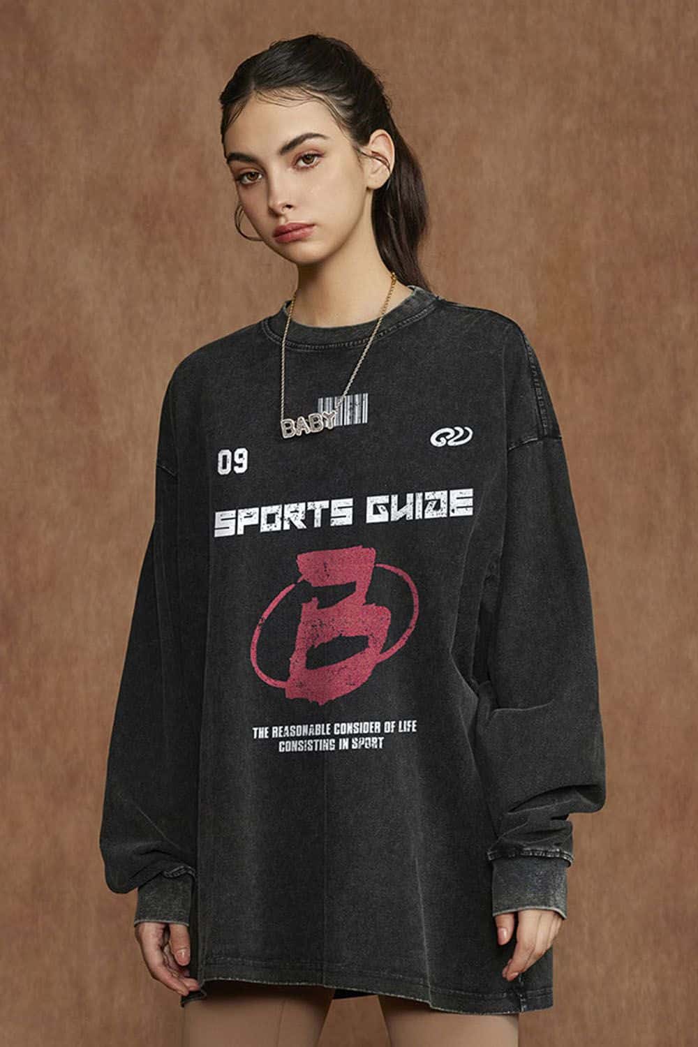 Sports Glaze Graphic Water-Washed Cotton Long-Sleeve T-Shirt