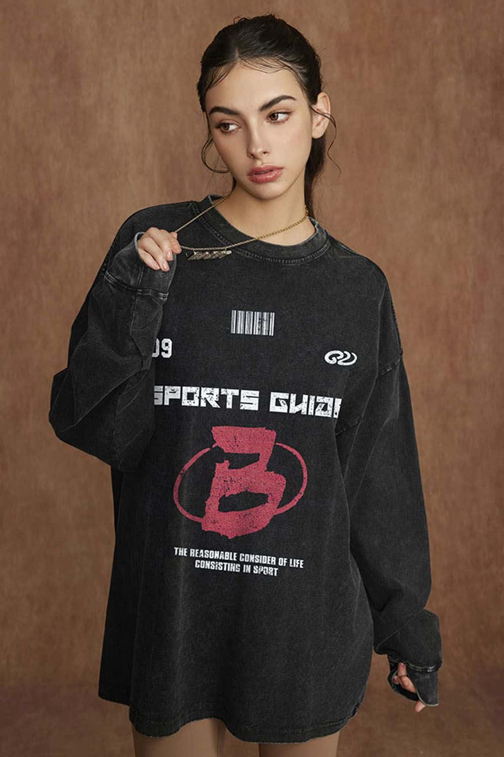 Sports Glaze Graphic Water-Washed Cotton Long-Sleeve T-Shirt
