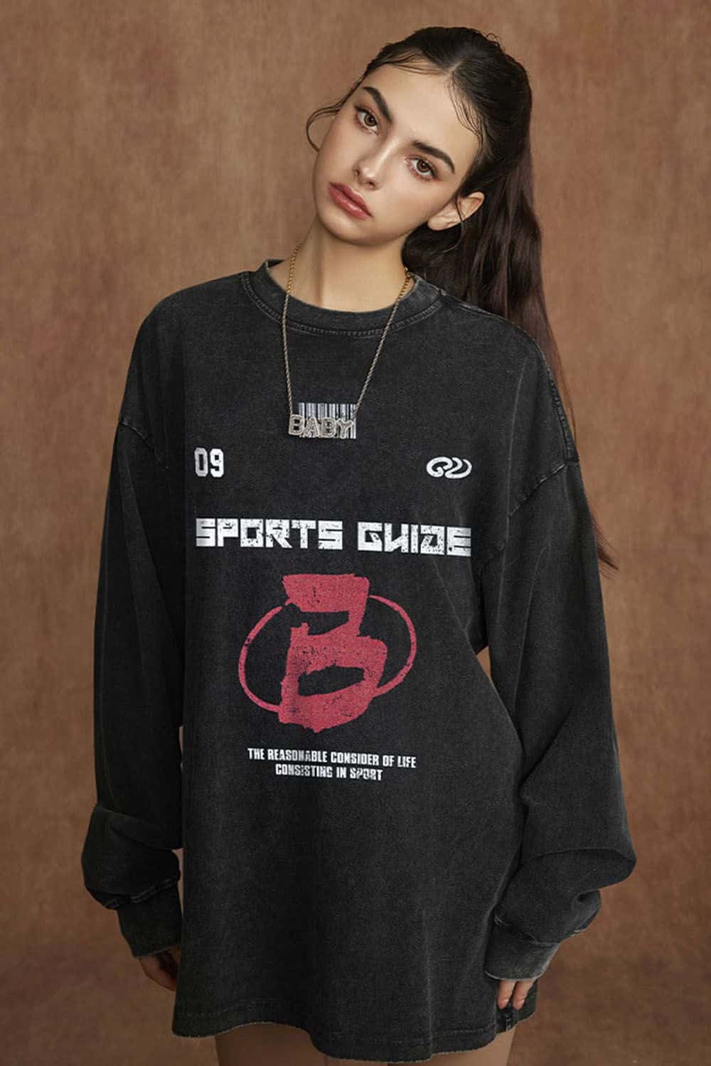 Sports Glaze Graphic Water-Washed Cotton Long-Sleeve T-Shirt