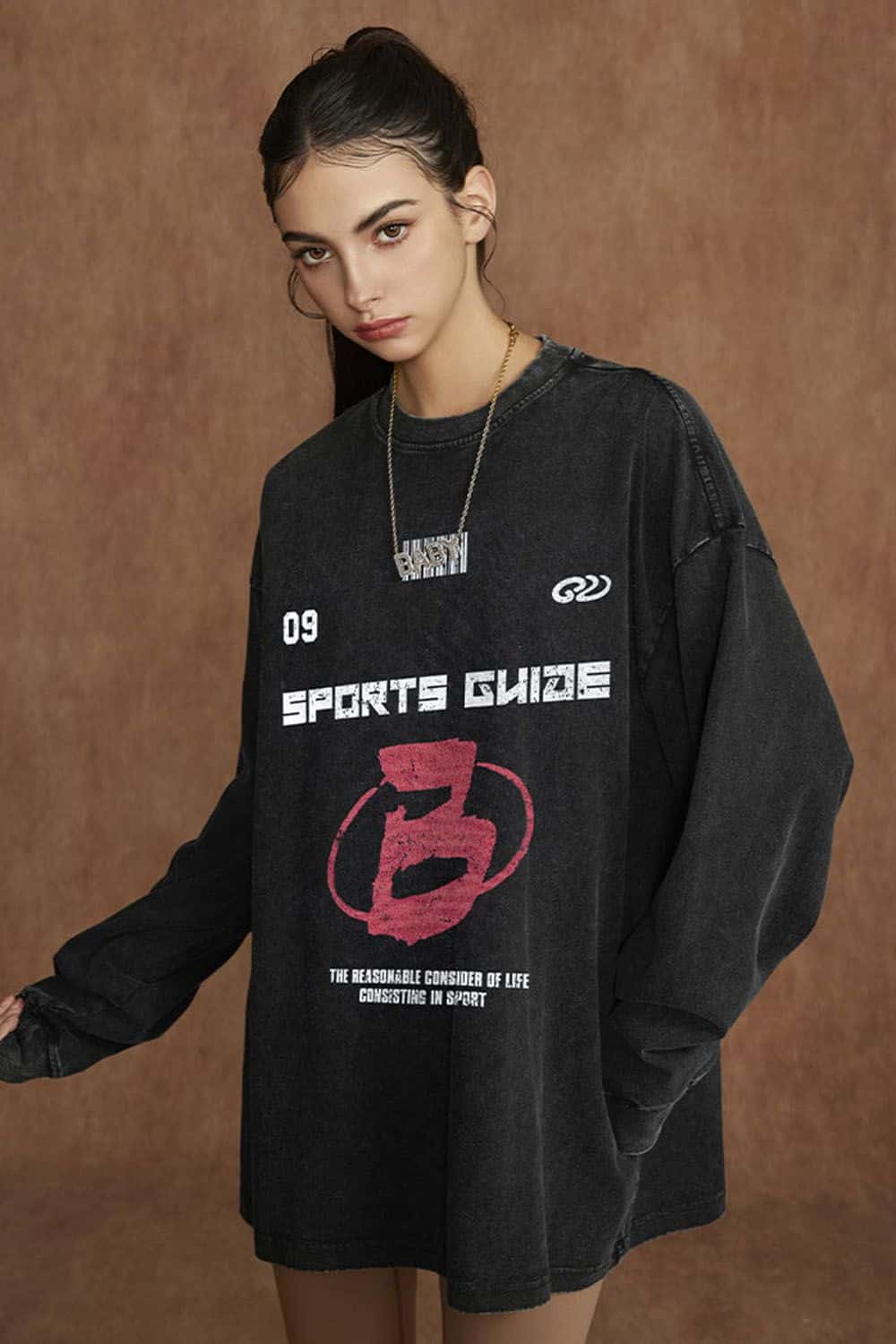 Sports Glaze Graphic Water-Washed Cotton Long-Sleeve T-Shirt