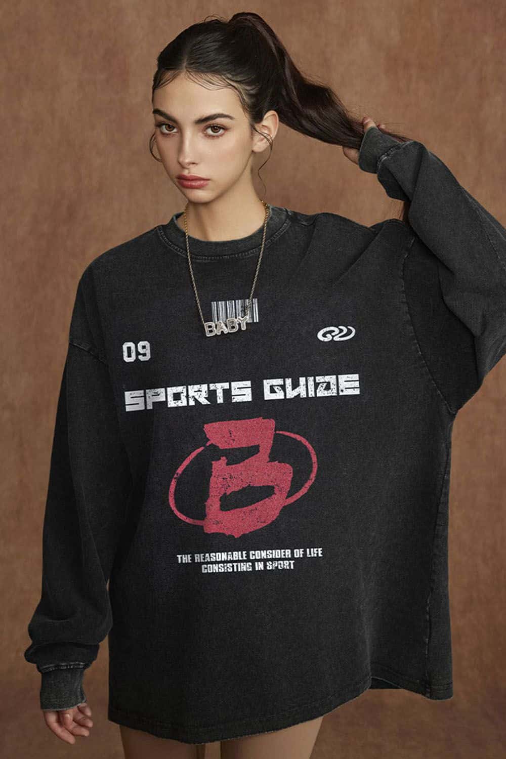 Sports Glaze Graphic Water-Washed Cotton Long-Sleeve T-Shirt