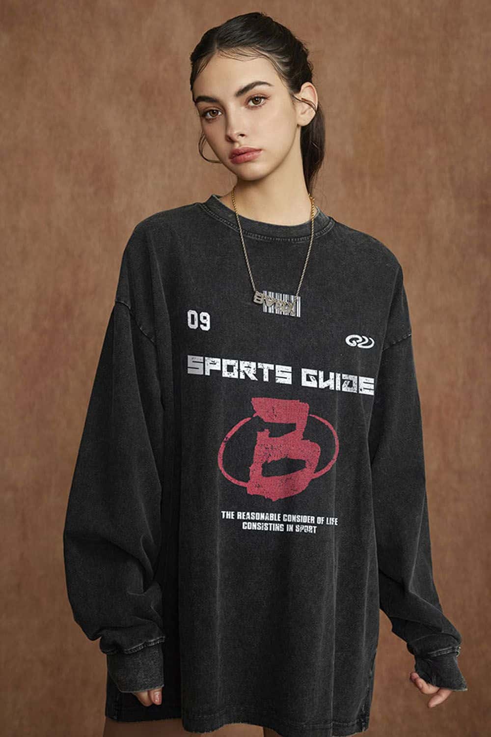 Sports Glaze Graphic Water-Washed Cotton Long-Sleeve T-Shirt
