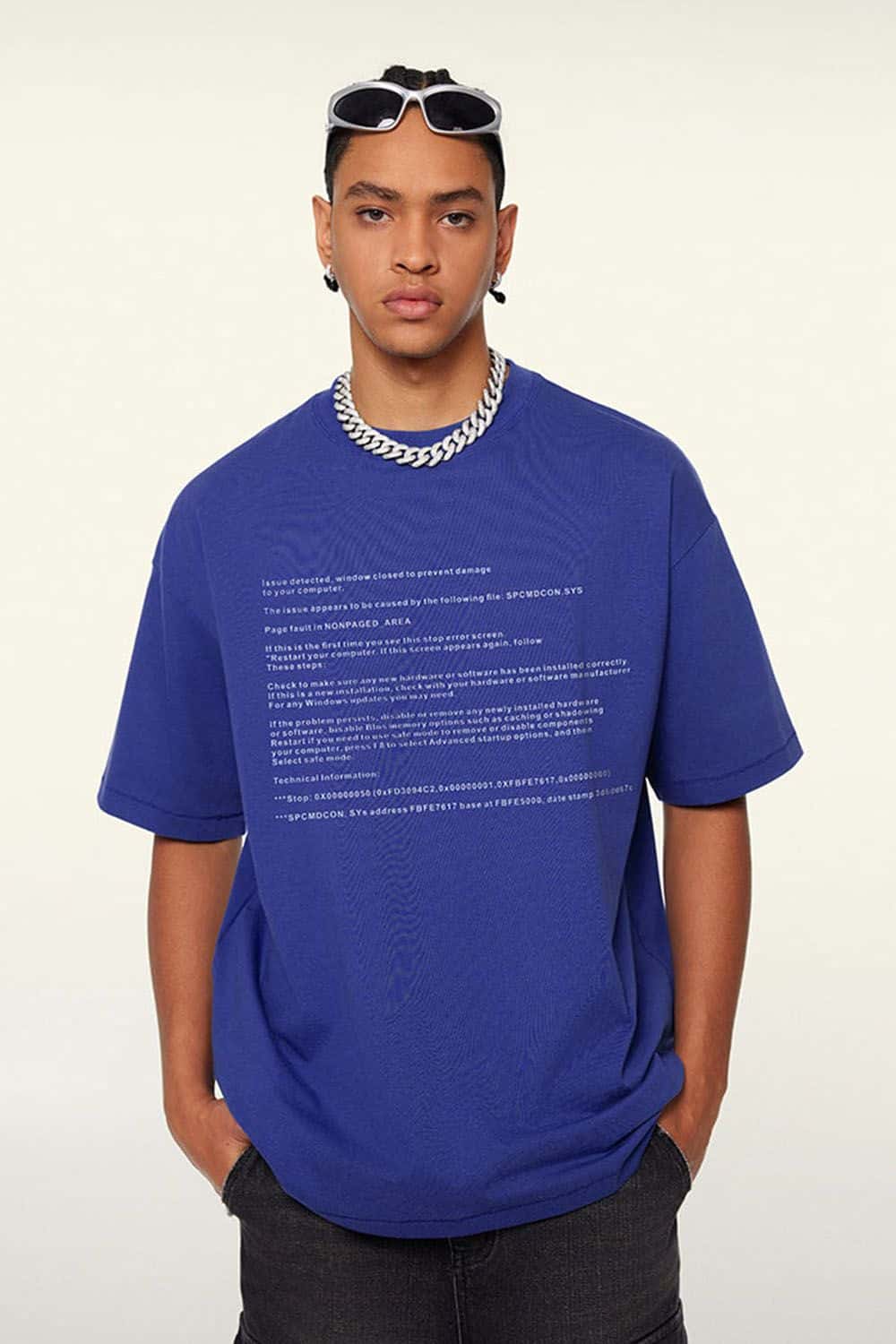 "Blue Screen Error" Printed Loose-Fit Short Sleeve T-Shirt