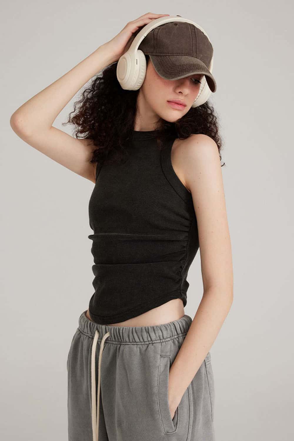 Women's Washed Short Tank Top with Pleated Detail