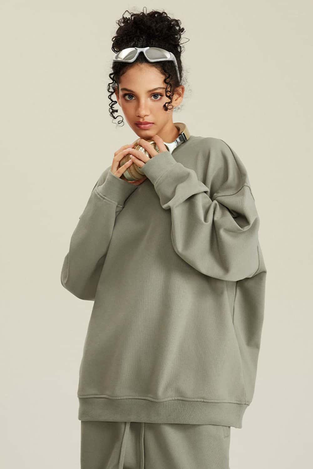 Women's Solid Heavyweight 440g Terry Loose Fit Crew Neck Sweatshirt