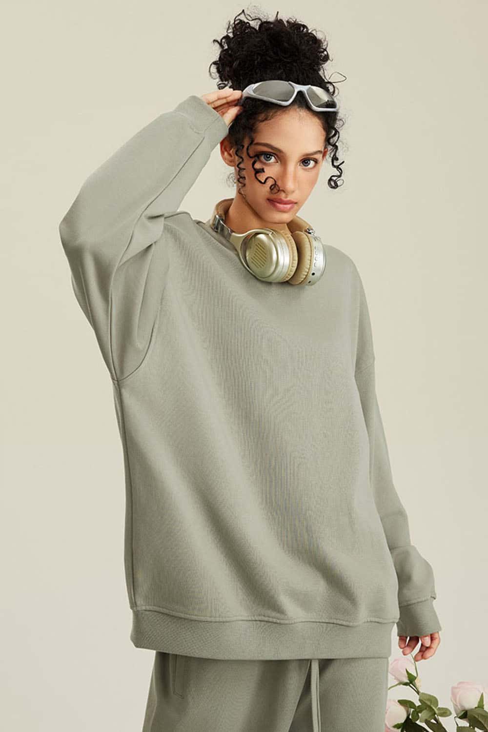 Women's Solid Heavyweight 440g Terry Loose Fit Crew Neck Sweatshirt