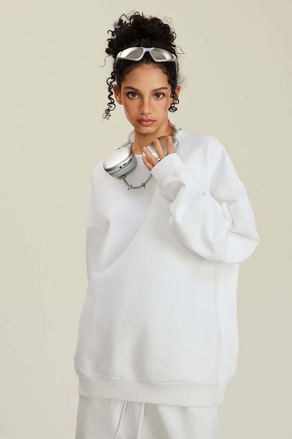 Women's Solid Heavyweight 440g Terry Loose Fit Crew Neck Sweatshirt