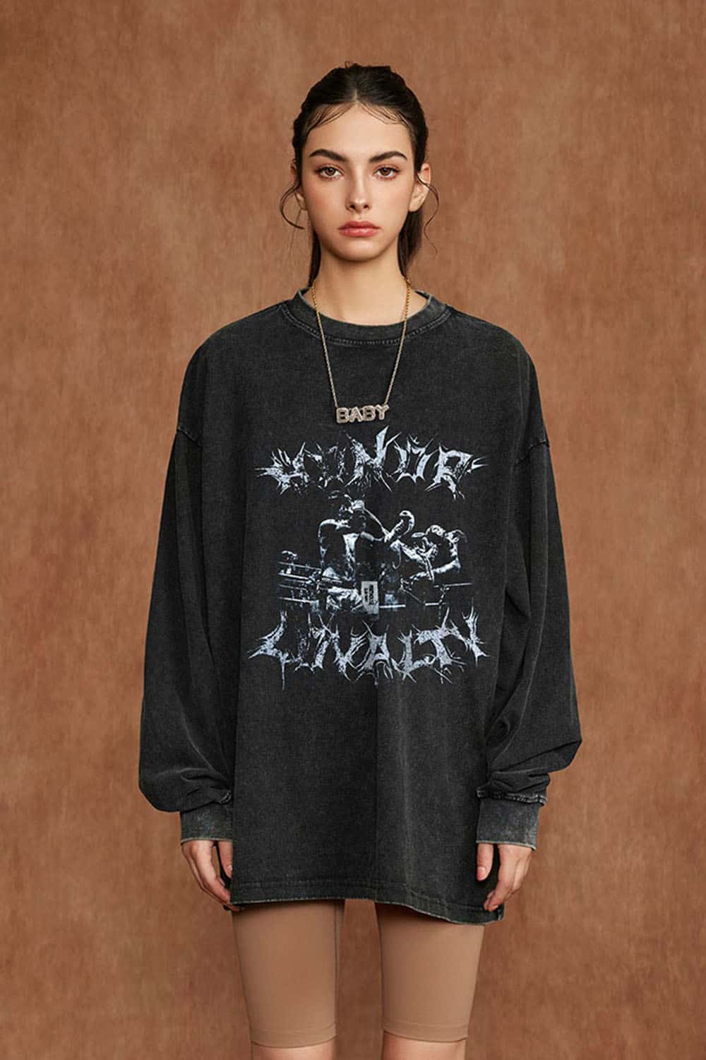 Women's Oversized Dark Gothic Pure Cotton Washed Long Sleeve T-Shirt