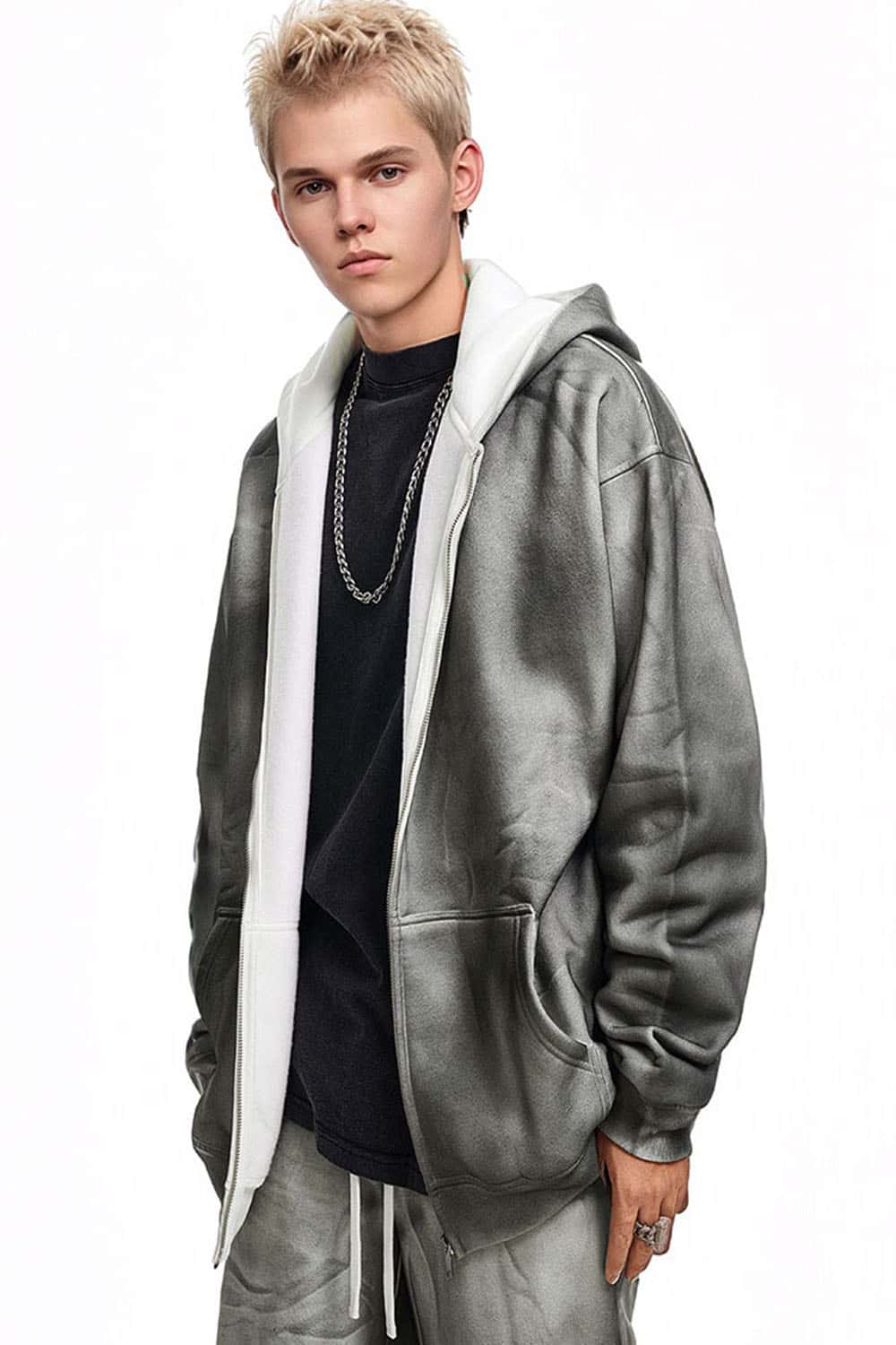 Men's Handmade Distressed Tie-Dye Gradient Zip Hoodie