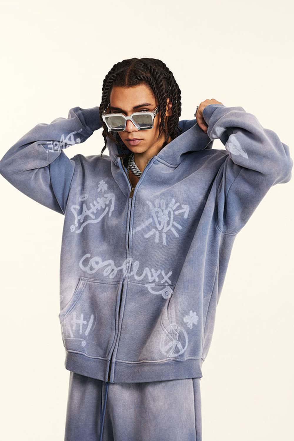 Men's Graffiti Hand-Painted Full Print Plush-Lined Zip Hoodie