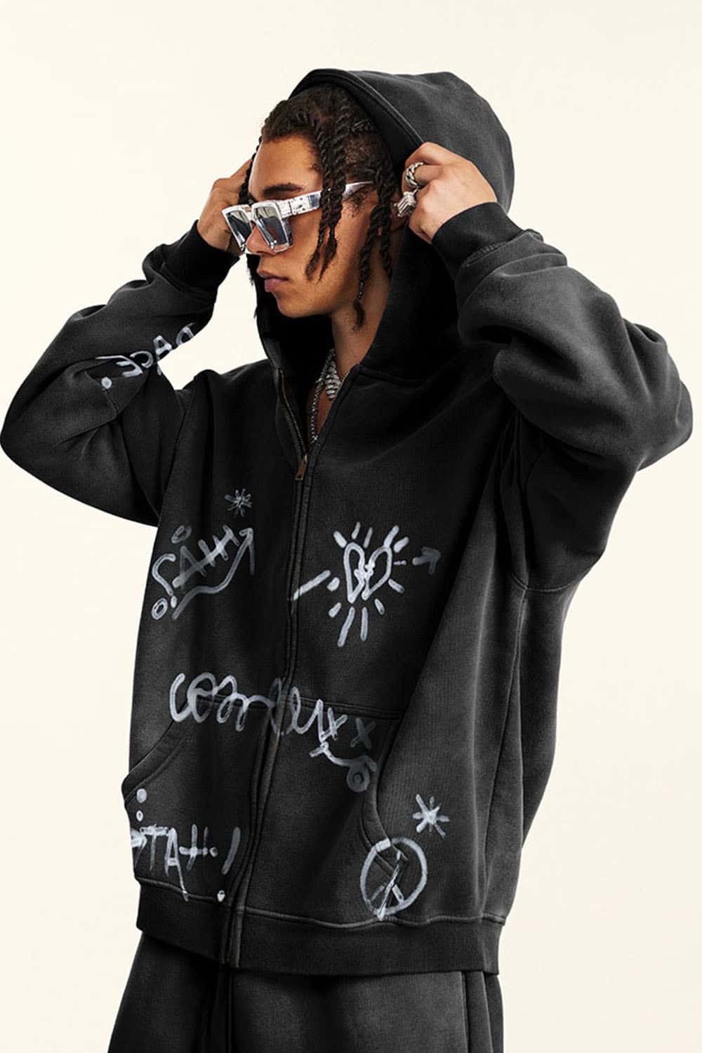 Men's Graffiti Hand-Painted Full Print Plush-Lined Zip Hoodie