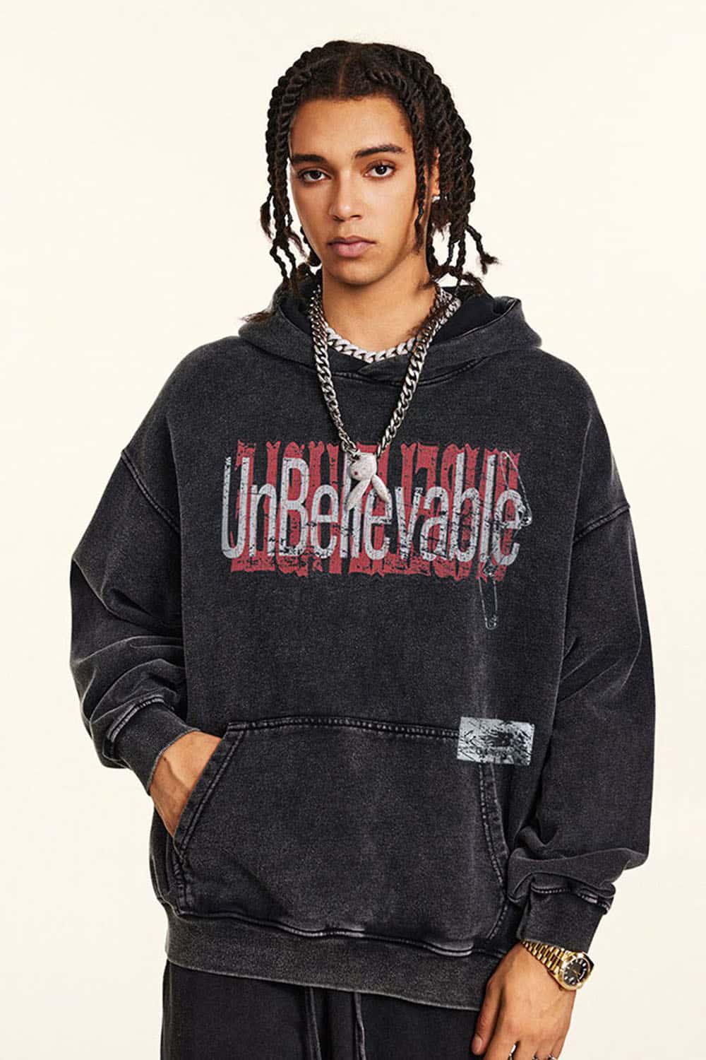 Heavyweight Contrast Vintage Design Distressed Hoodie