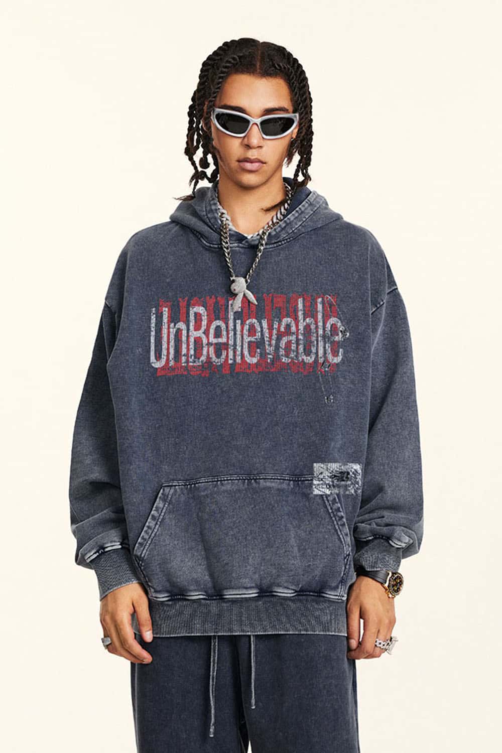 Heavyweight Contrast Vintage Design Distressed Hoodie