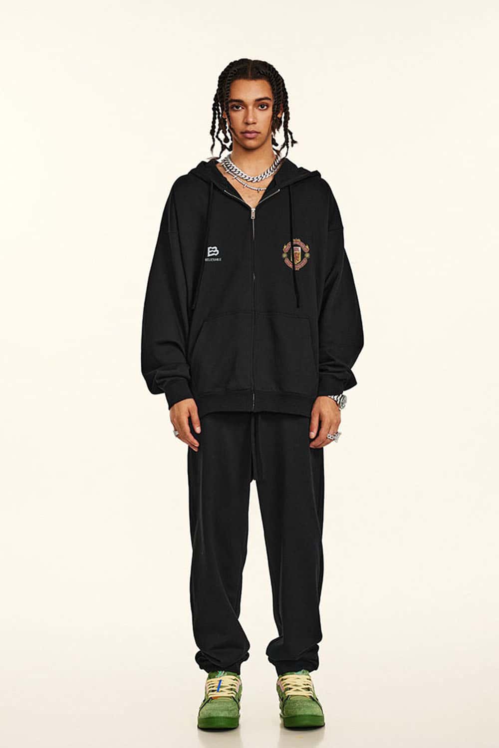 Heavyweight 440g Vintage Zip-Up Hooded Jacket with Retro Sports Design