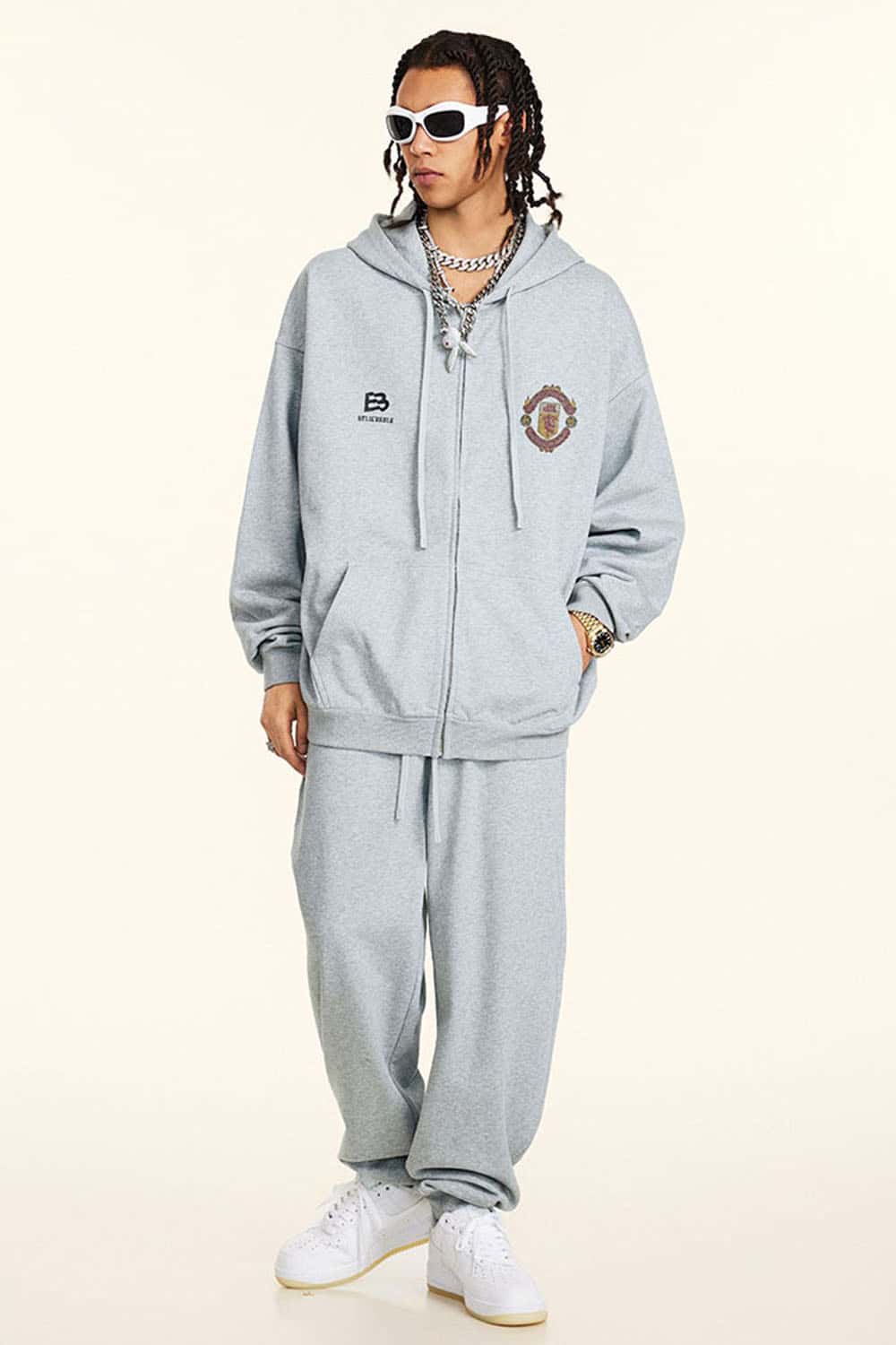 Heavyweight 440g Vintage Zip-Up Hooded Jacket with Retro Sports Design