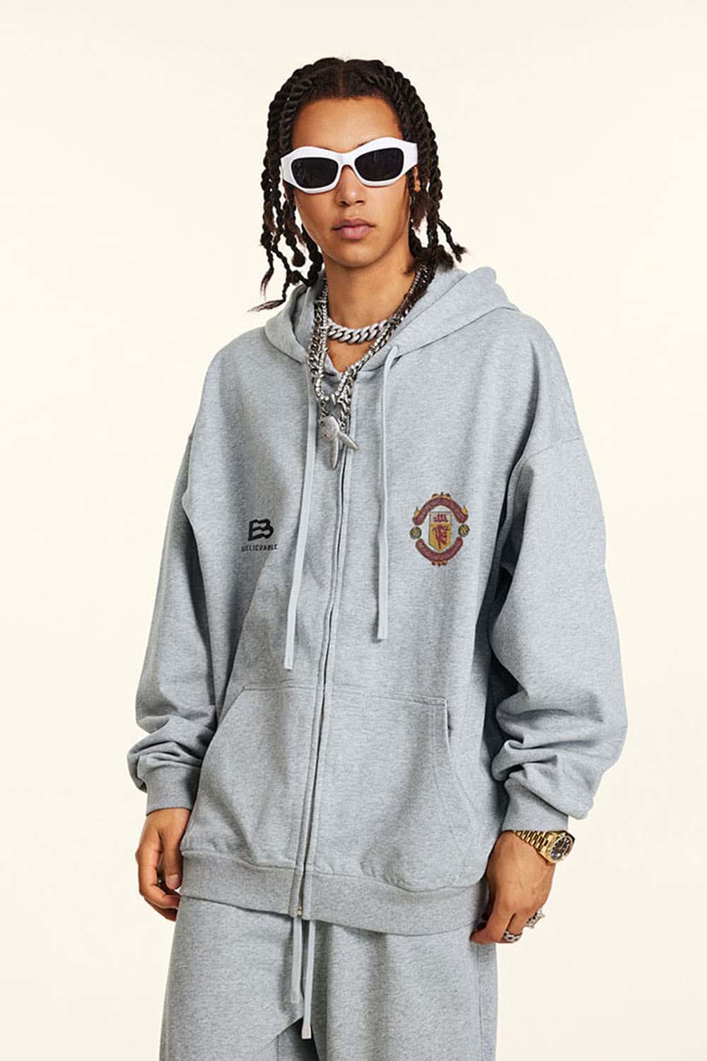 Heavyweight 440g Vintage Zip-Up Hooded Jacket with Retro Sports Design