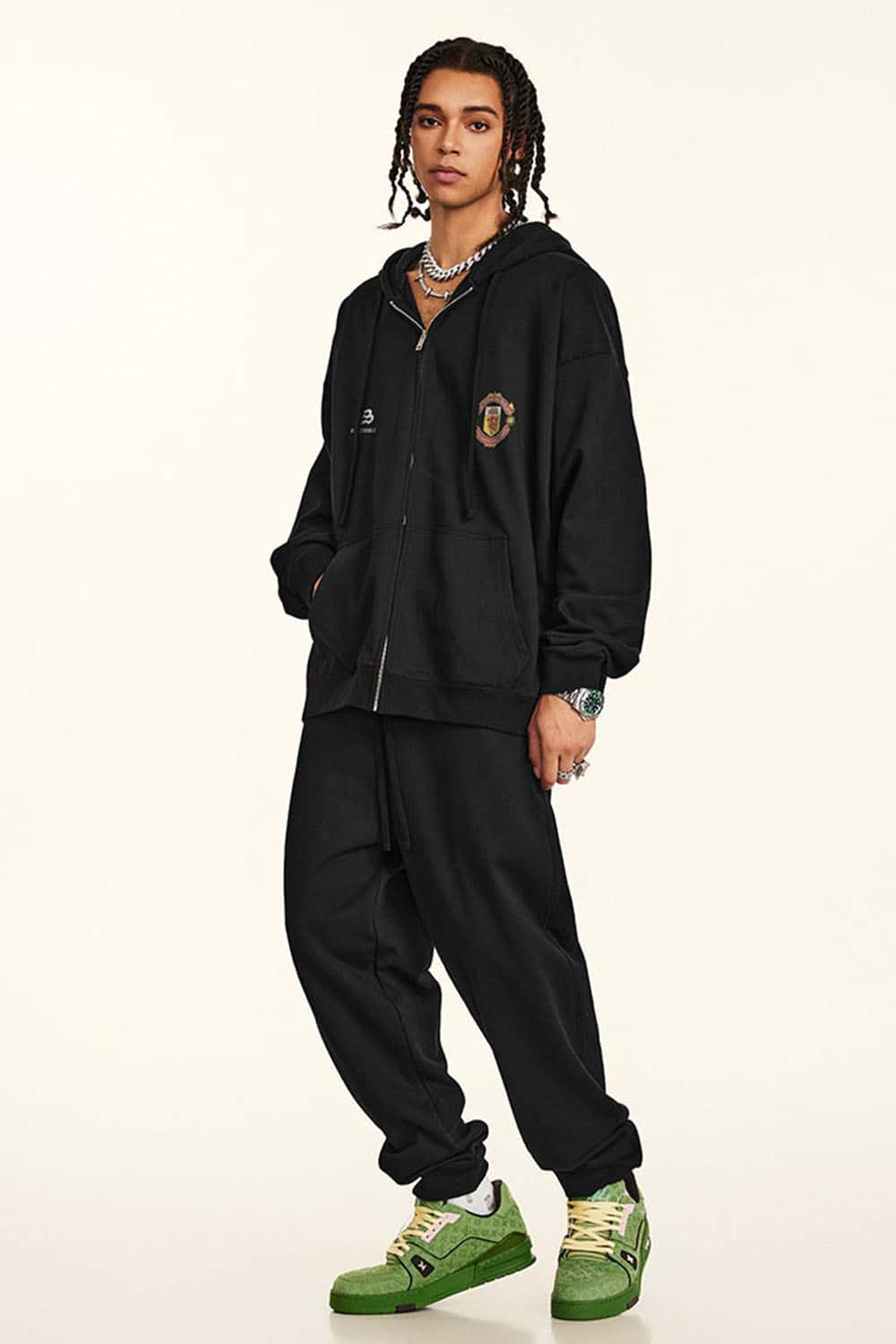 Heavyweight 440g Vintage Zip-Up Hooded Jacket with Retro Sports Design