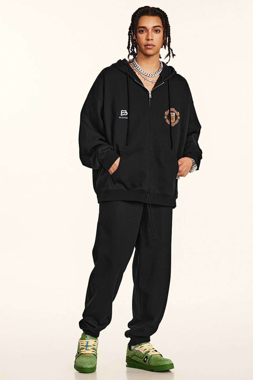 Heavyweight 440g Vintage Zip-Up Hooded Jacket with Retro Sports Design