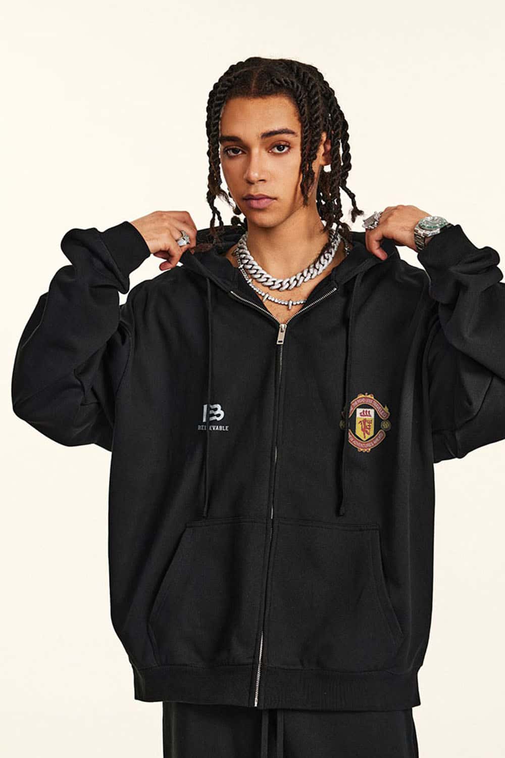 Heavyweight 440g Vintage Zip-Up Hooded Jacket with Retro Sports Design