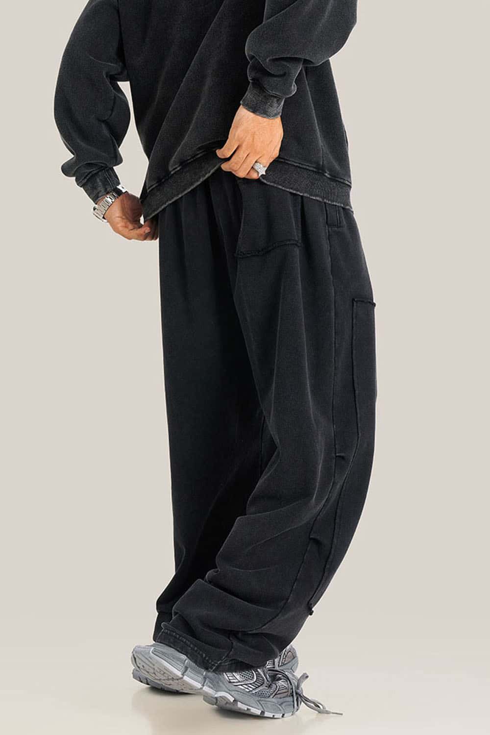 Loose Casual Straight-Leg Fleece-Lined Knit Joggers with Vintage Wash