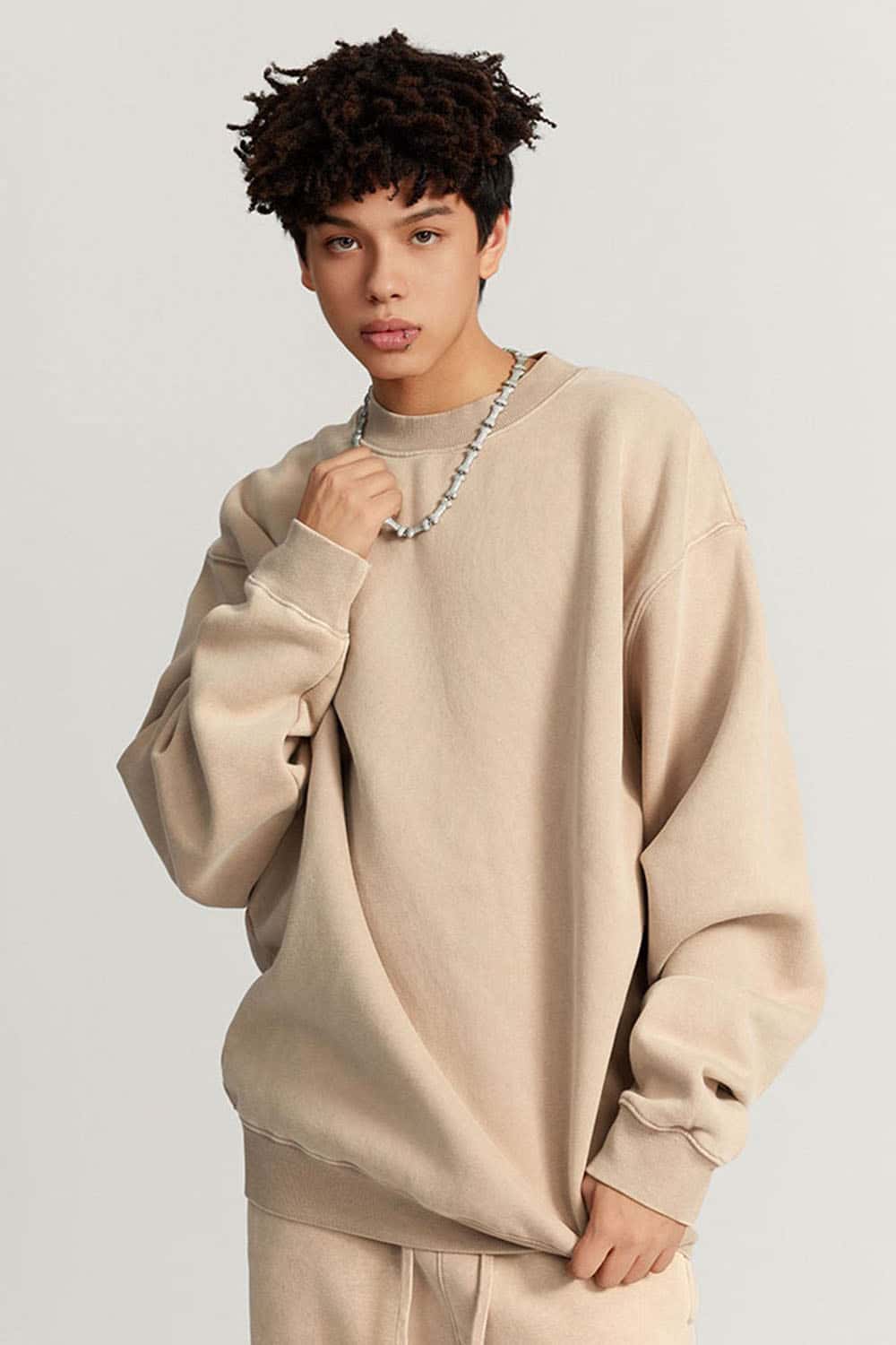 Vintage Washed Fleece-Lined Crew Neck Sweatshirt