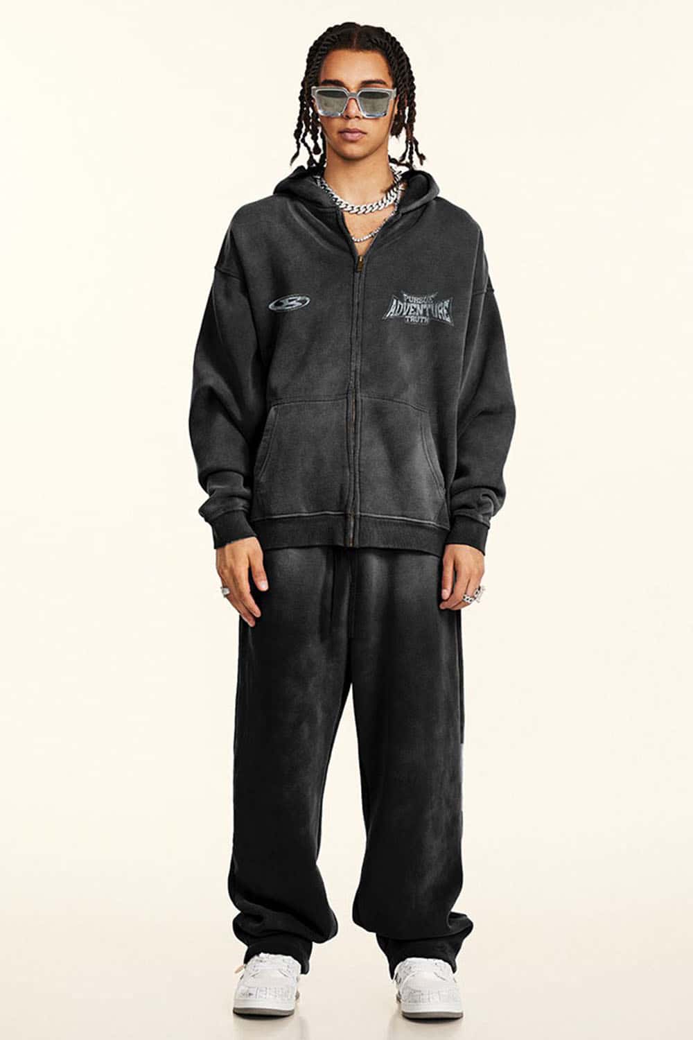 Vintage Loose Fit Washed Fleece-Lined Zip-Up Hoodie Jacket